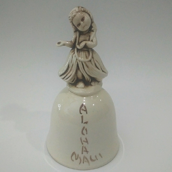 Aloha Maui Hawaii Cream Ceramic Bell with Hula Dancer Figurine - Picture 1 of 7